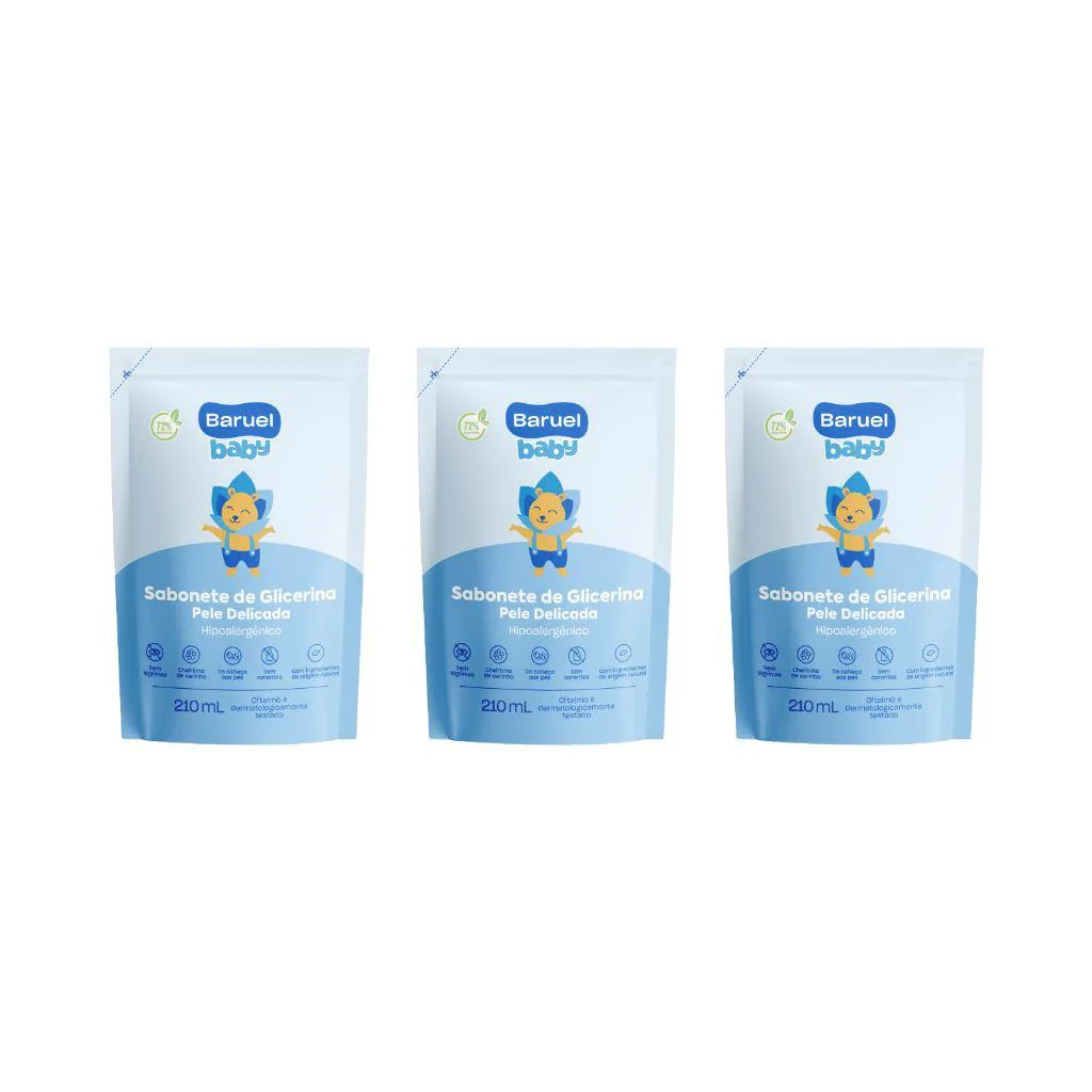 SABONETE LIQUIDO BARUEL BABY REFIL 210ML PELE DELICADA - 3UN