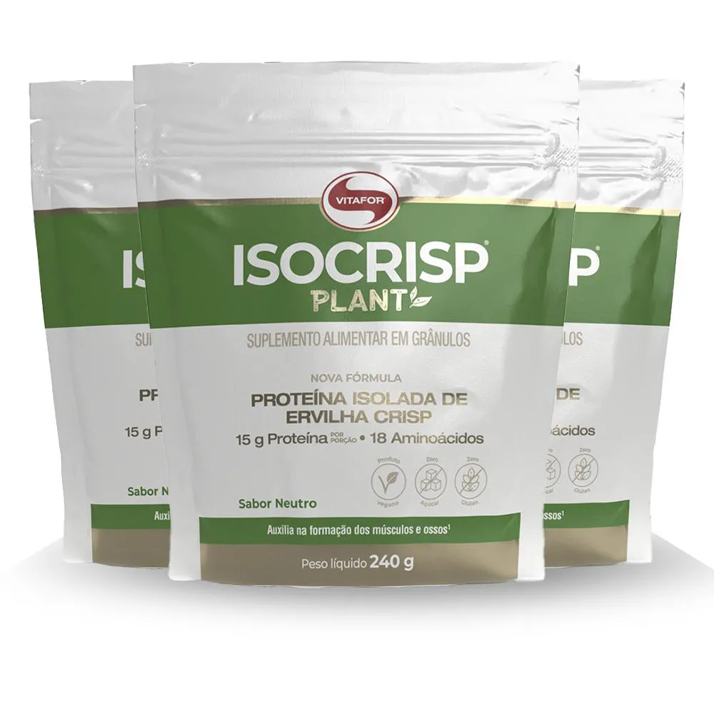 KIT 3 ISOCRISP PLANT PROTEíNA ISOLADA ERVILHA POUCH VITAFOR 240G NEUTRO