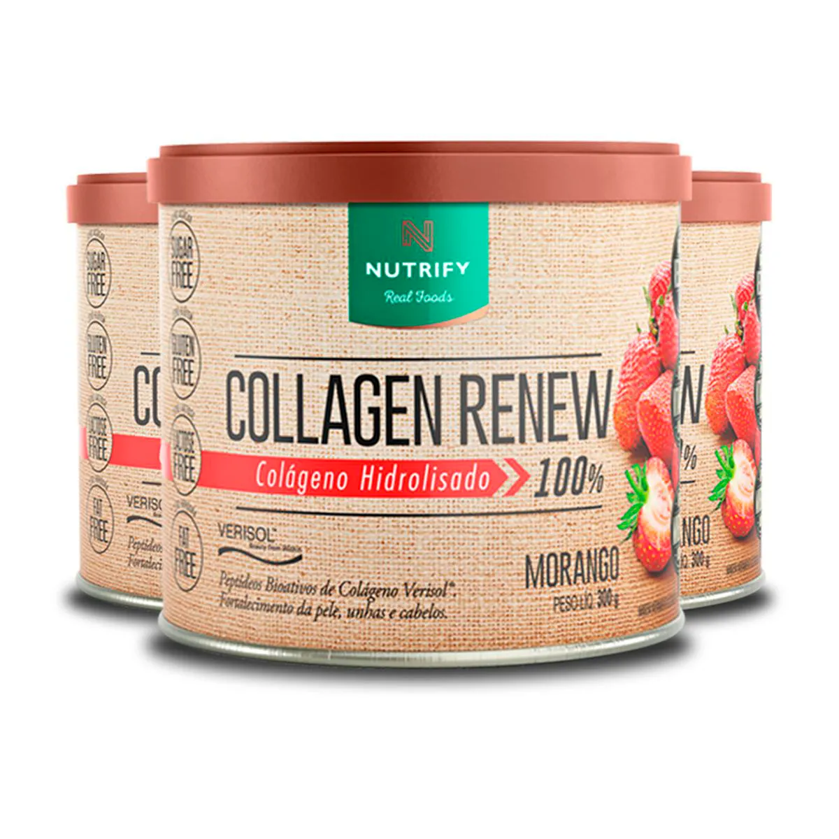 KIT 3 COLLAGEN RENEW COLáGENO HIDROLISADO MORANGO NUTRIFY 300G