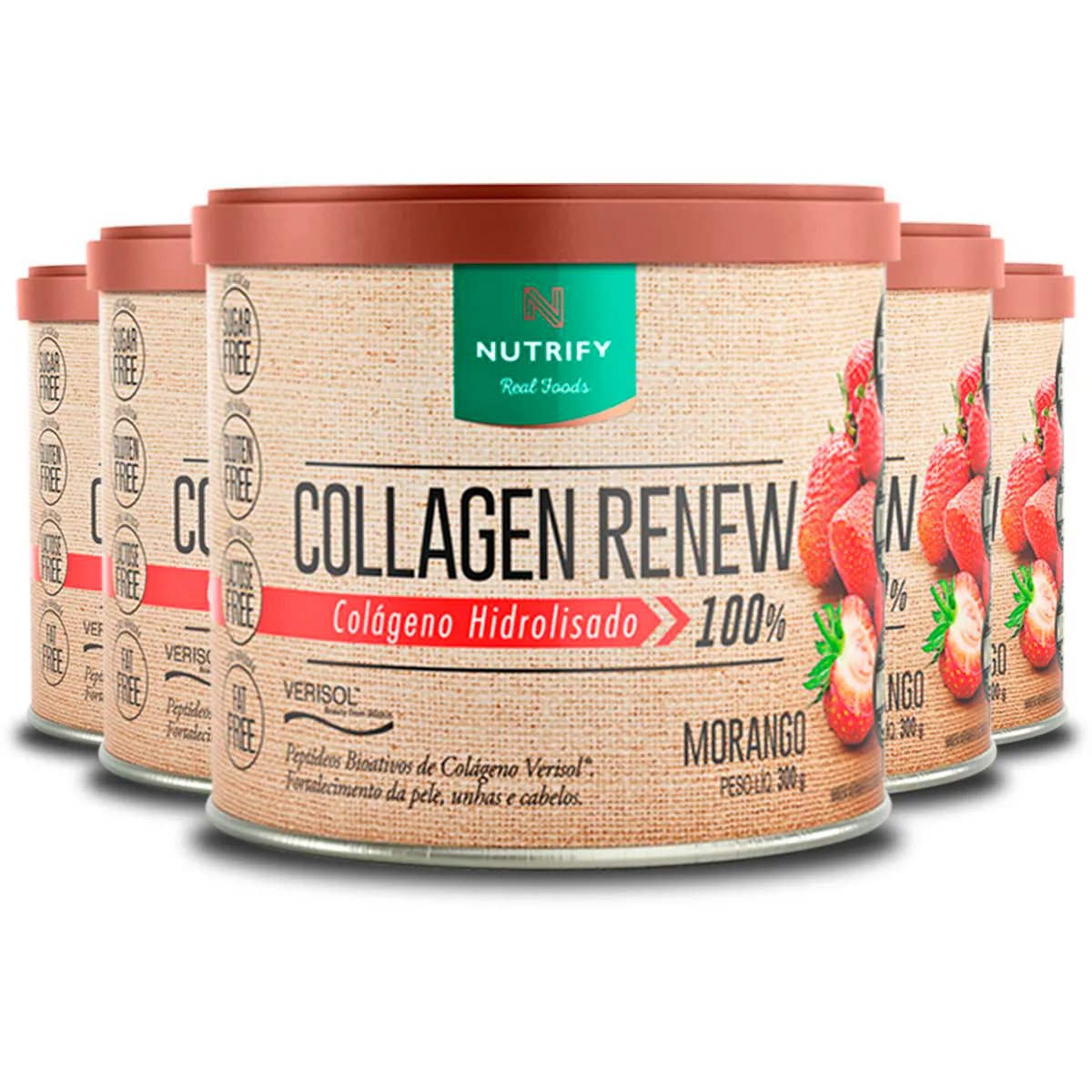 KIT 5 COLLAGEN RENEW COLáGENO HIDROLISADO MORANGO NUTRIFY 300G