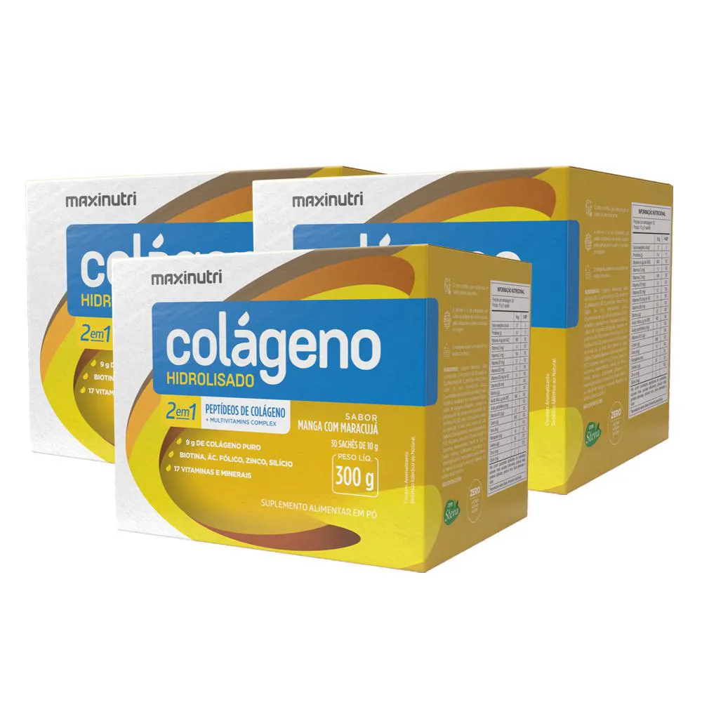 KIT 3 COLáGENO HIDROLISADO SACHES MANGA COM MARACUJá MAXINUTRI