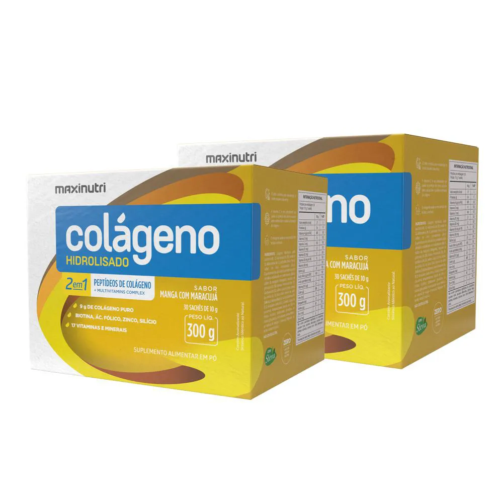 KIT 2 COLáGENO HIDROLISADO SACHES MANGA COM MARACUJá MAXINUTRI