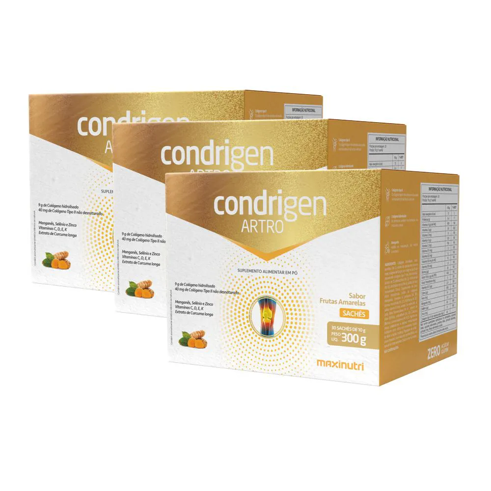 KIT 3 CONDRIGEN ARTRO COLáGENO TIPO 1 E 2 FRUTAS AMARELAS 30 SACHêS MAXINUTRI