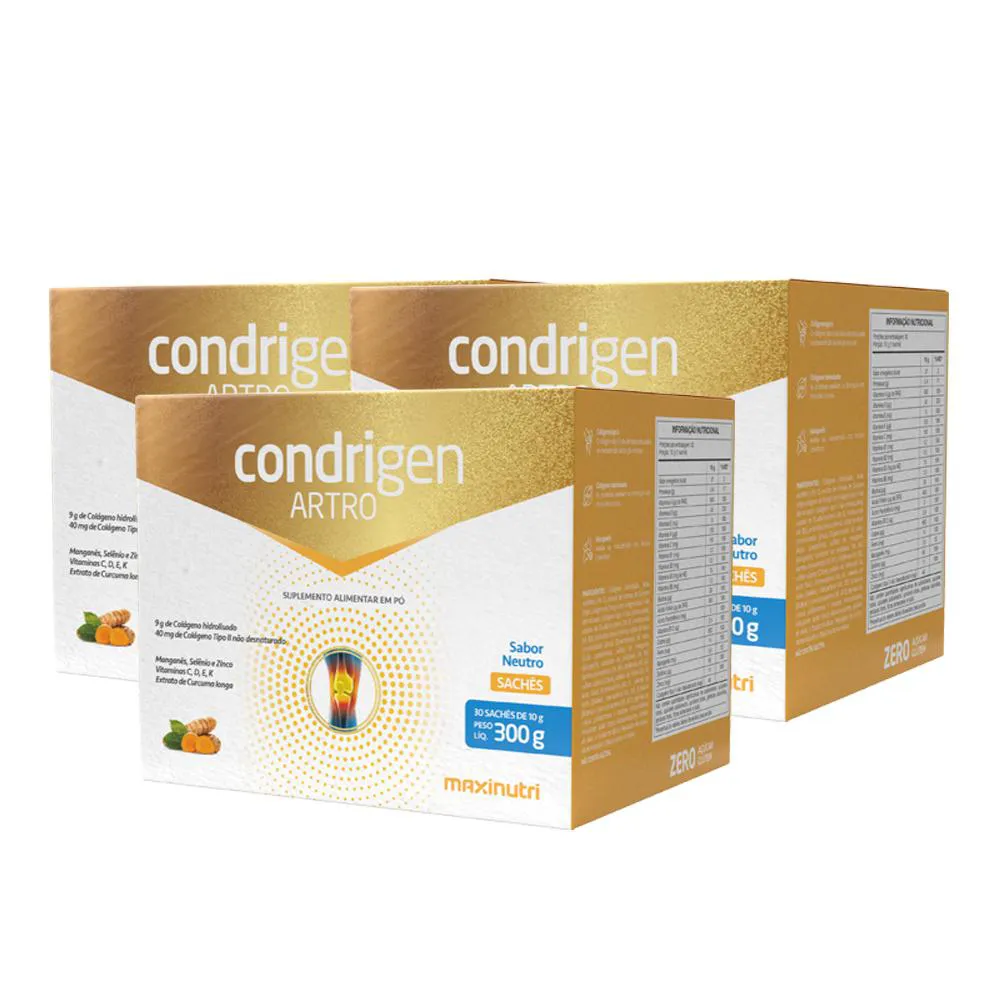 KIT 3 CONDRIGEN ARTRO COLáGENO TIPO 1 E 2 SACHêS SABOR NEUTRO MAXINUTRI