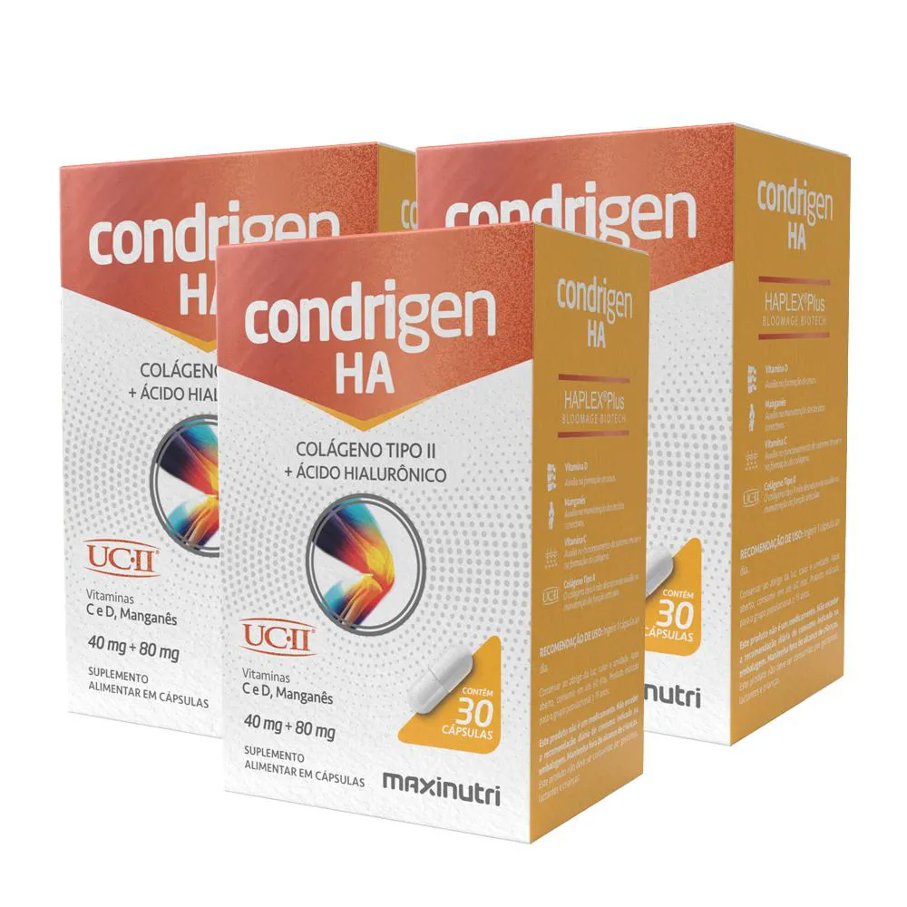 KIT 3 CONDRIGEN H.A. COLáGENO TIPO 2 + ÁCIDO HIALURôNICO 30 CáPS MAXINUTRI