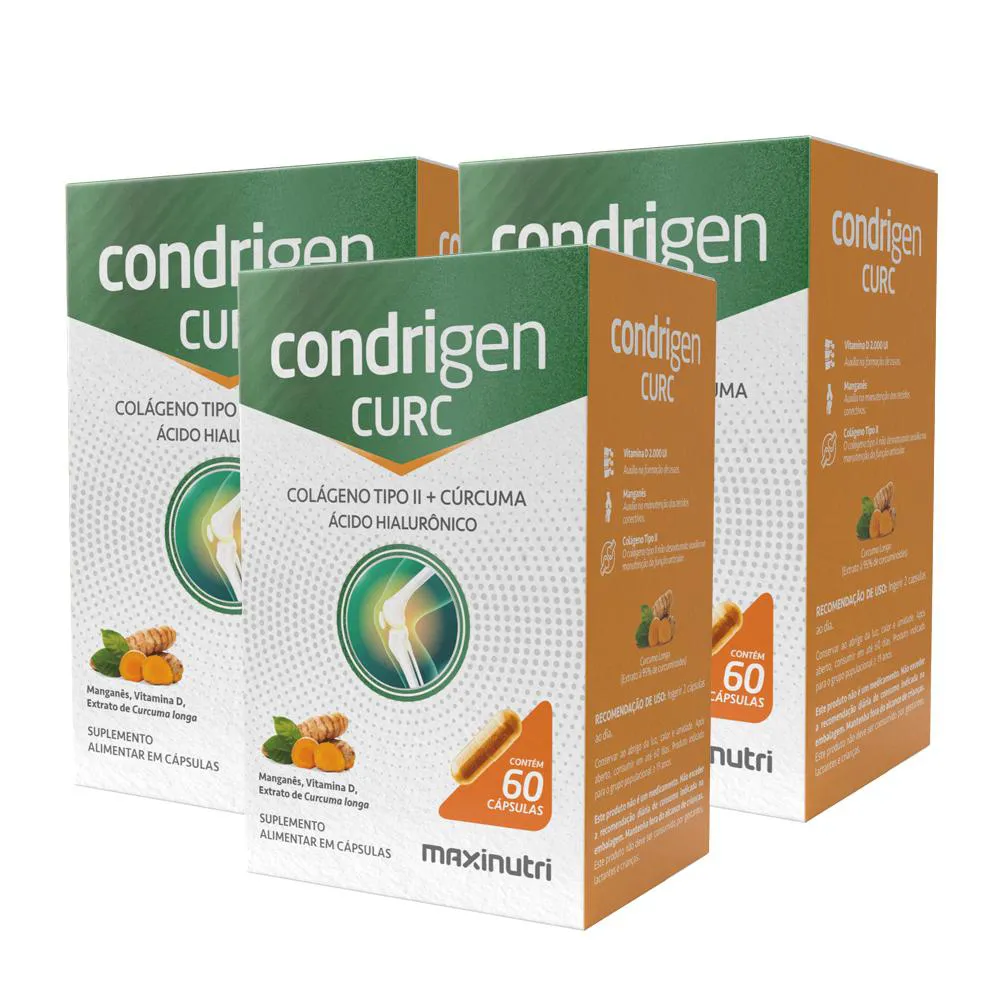 KIT 3 CONDRIGEN CURC COLáGENO TIPO 2 + CúRCUMA 60 CáPSULAS MAXINUTRI