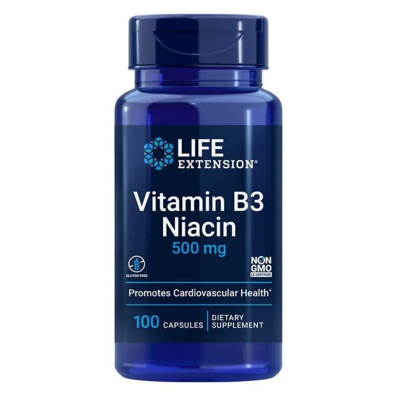 LIFE EXTENSION, VITAMINA B3 NIACINA 500MG 100 CáPSULAS SEM Sabor