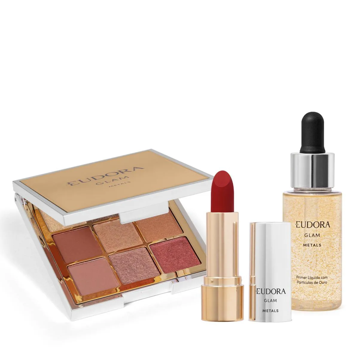 COMBO GLAM METALS: PALETA DE SOMBRA 5,85G + PRIMER LíQUIDO FACIAL 32ML + BATOM CREMOSO VERMELHO PRECIOSO 3,6G