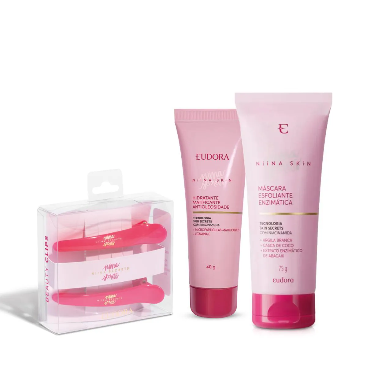 COMBO NIINA SKIN: MáSCARA ESFOLIANTE ENZIMáTICA 75G + HIDRATANTE MATIFICANTE ANTIOLEOSIDADE 40G + BEAUTY CLIPS DE CABELO