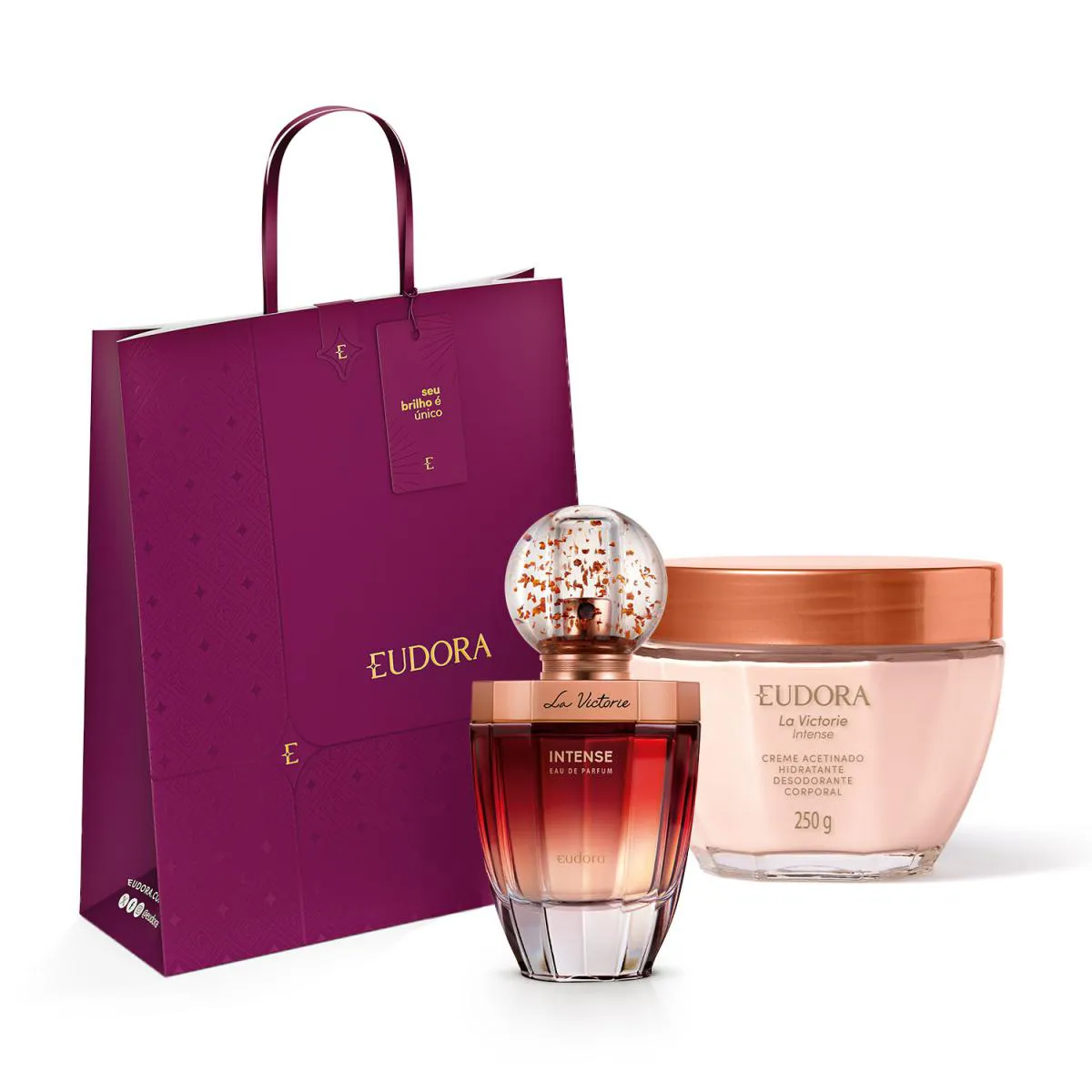 COMBO LA VICTORIE INTENSE: EAU DE PARFUM 75ML + CREME ACETINADO 250G + KIT SACOLA  EUDORA NATAL