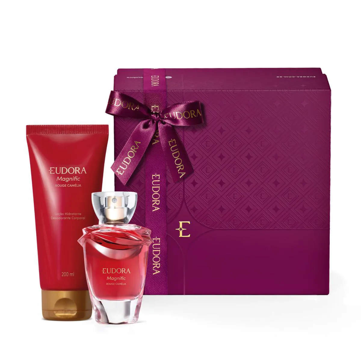 COMBO PRESENTE MAGNIFIC ROUGE CAMéLIA: DESODORANTE COLôNIA 75ML + LOçãO DESODORANTE  HIDRATANTE 200ML + CAIXA DE PRESENTE