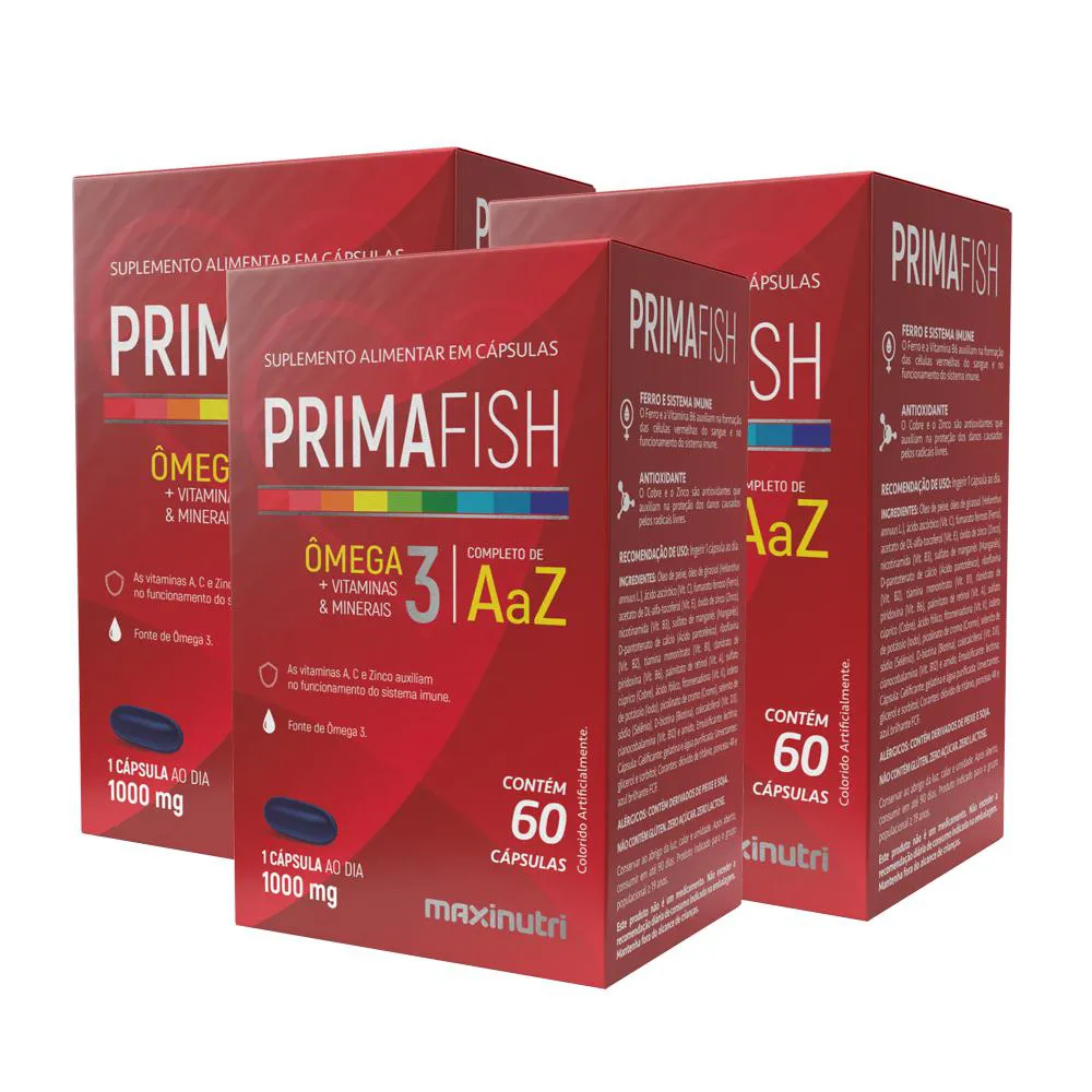 KIT 3 PRIMAFISH OMEGA 3 + VITAMINAS 60 CAPSULAS MAXINUTRI