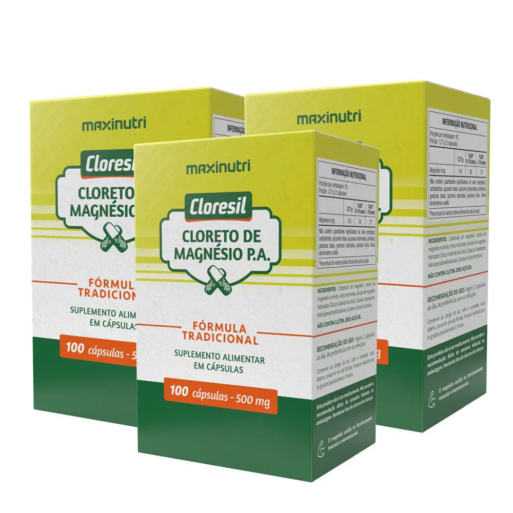 KIT 3 CLORESIL CLORETO MAGNéSIO 500MG 100 CáPSULAS MAXINUTRI