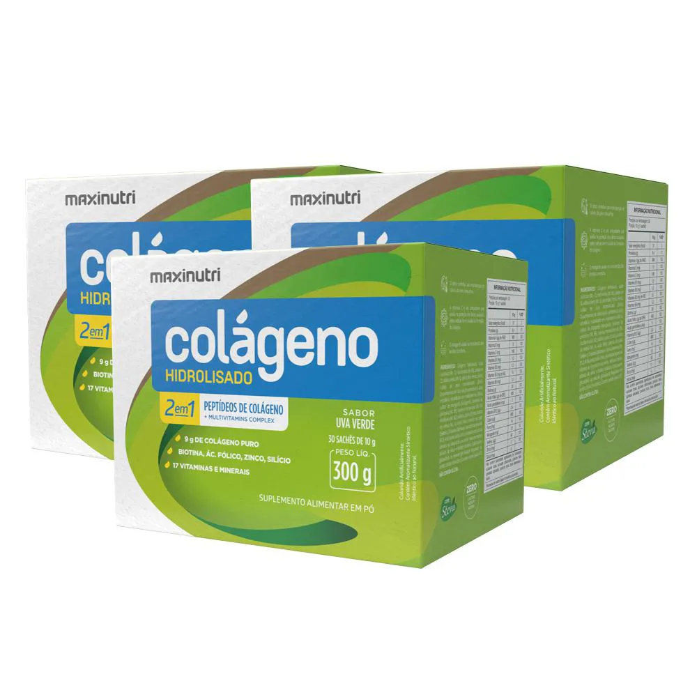 KIT 3 COLáGENO HIDROLISADO 30 SACHES UVA VERDE MAXINUTRI