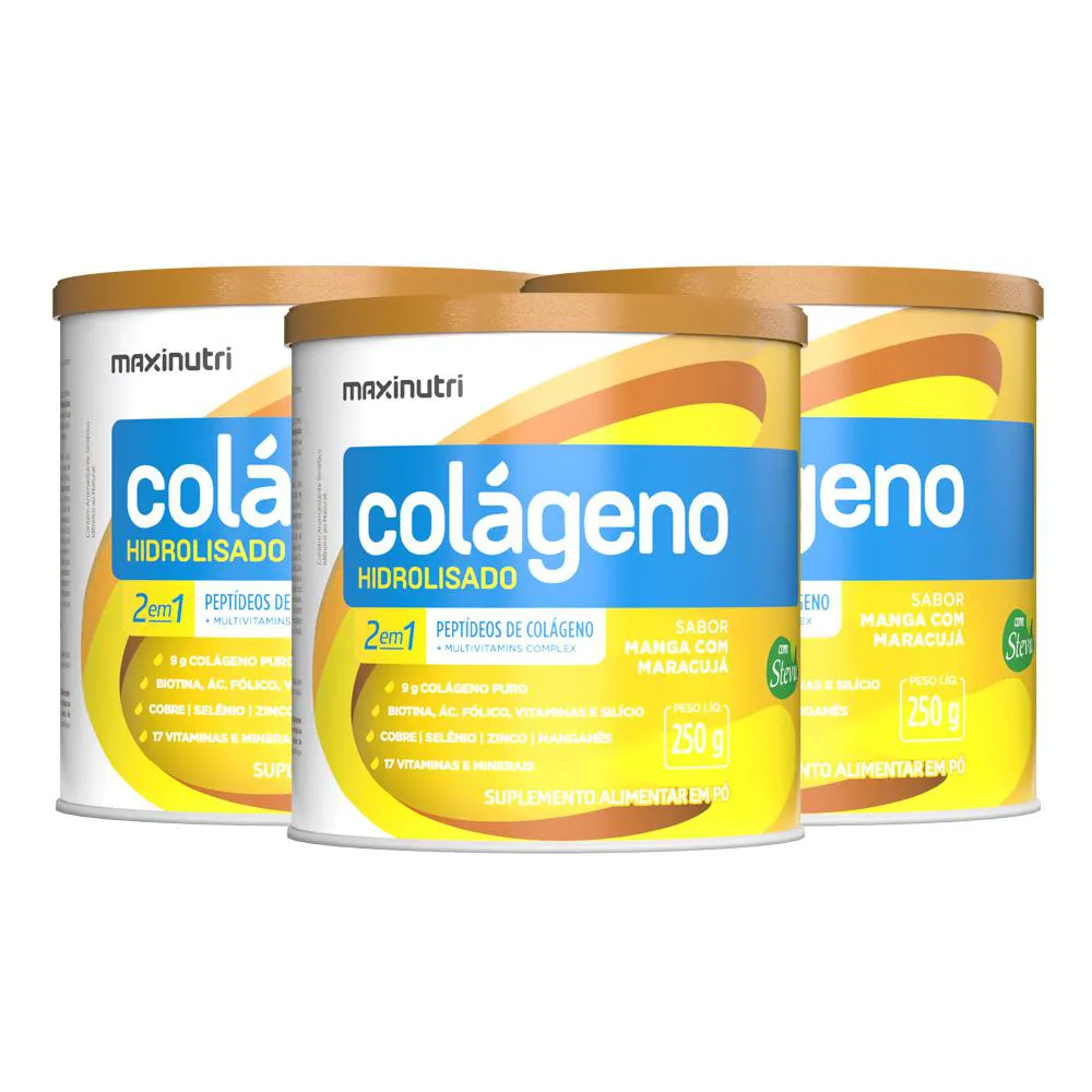 KIT 3 COLáGENO HIDROLISADO MANGA COM MARACUJá 250G MAXINUTRI
