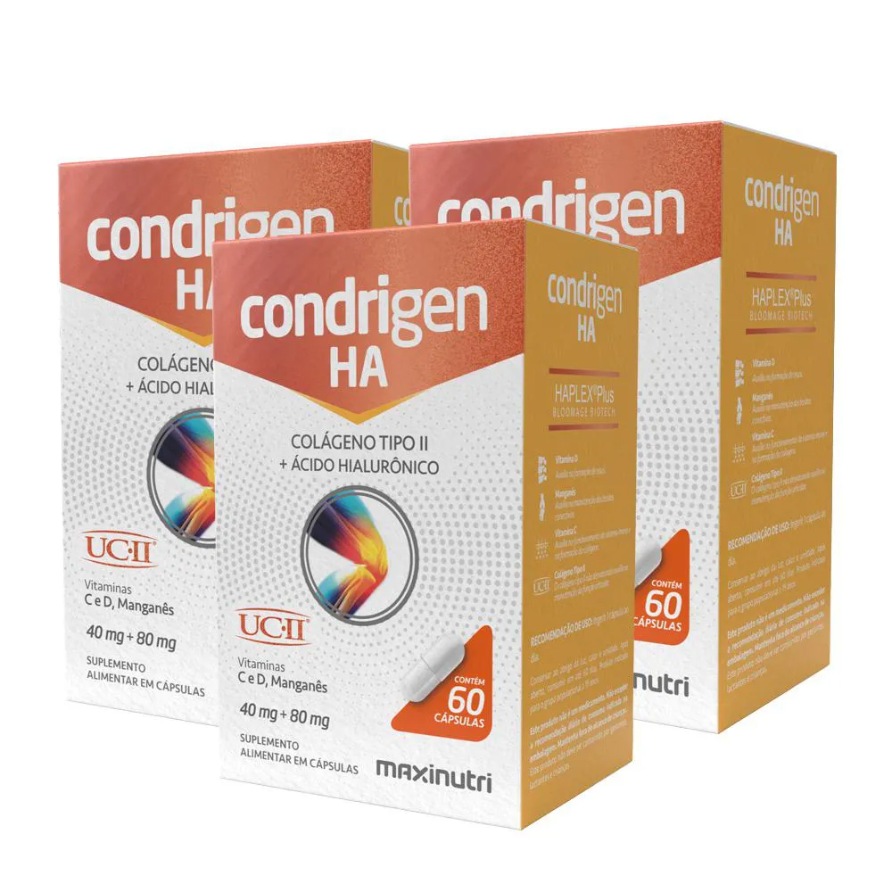 KIT 3 CONDRIGEN H.A. COLáGENO TIPO 2 + ÁCIDO HIALURôNICO 60 CáPS MAXINUTRI