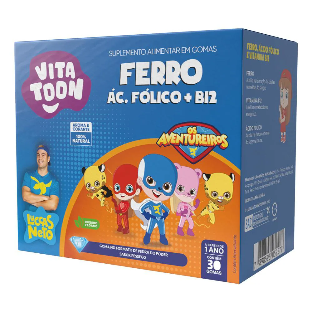 VITATOON LUCCAS NETO VITAMINA FERRO PêSSEGO 30 GOMAS MAXINUTRI