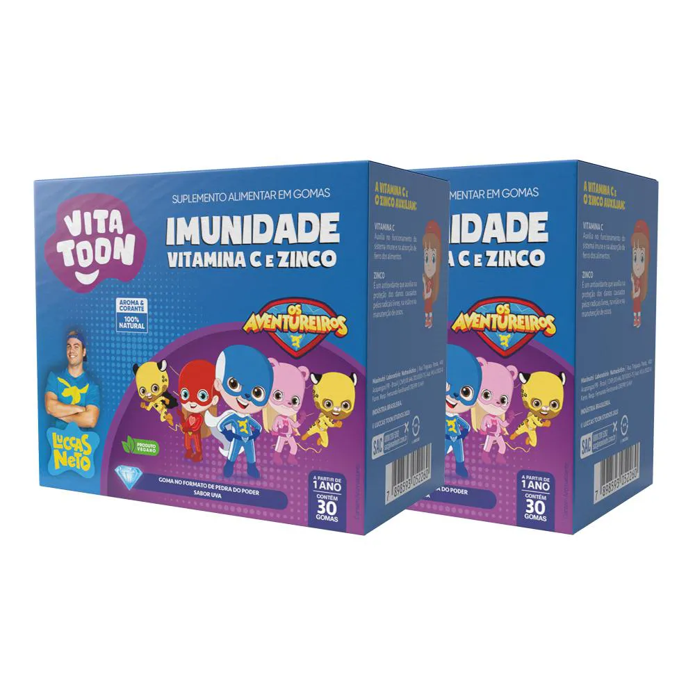 KIT 02 VITATOON LUCCAS NETO IMUNIDADE SABOR UVA 30 GOMAS MAXINUTRI