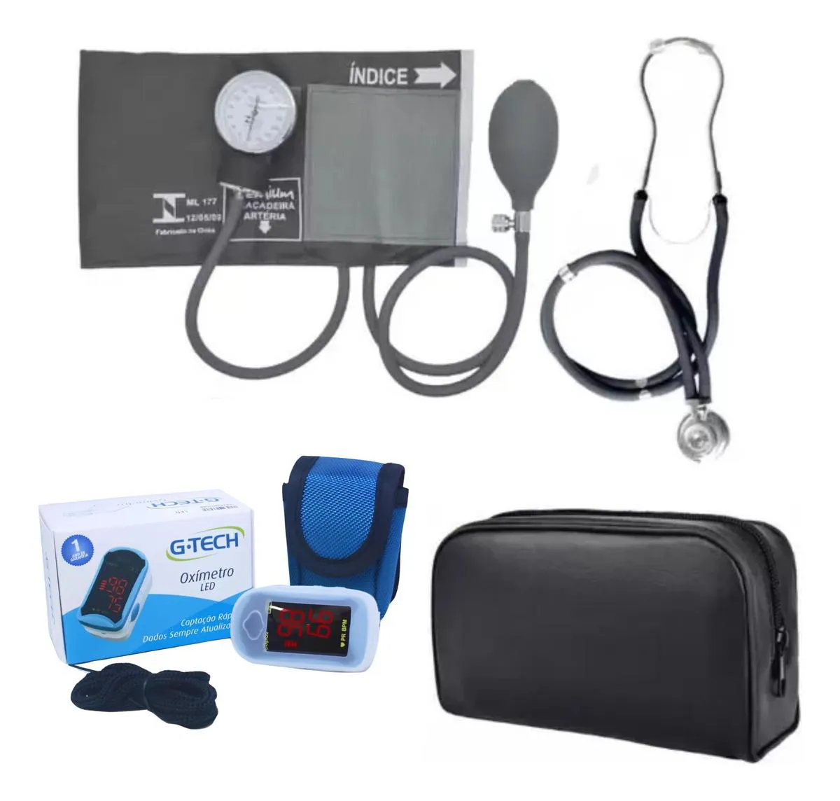 KIT ENFERMAGEM ESFIGMOMANOMETRO ESTETO OXIMETRO G-TECH Grafite