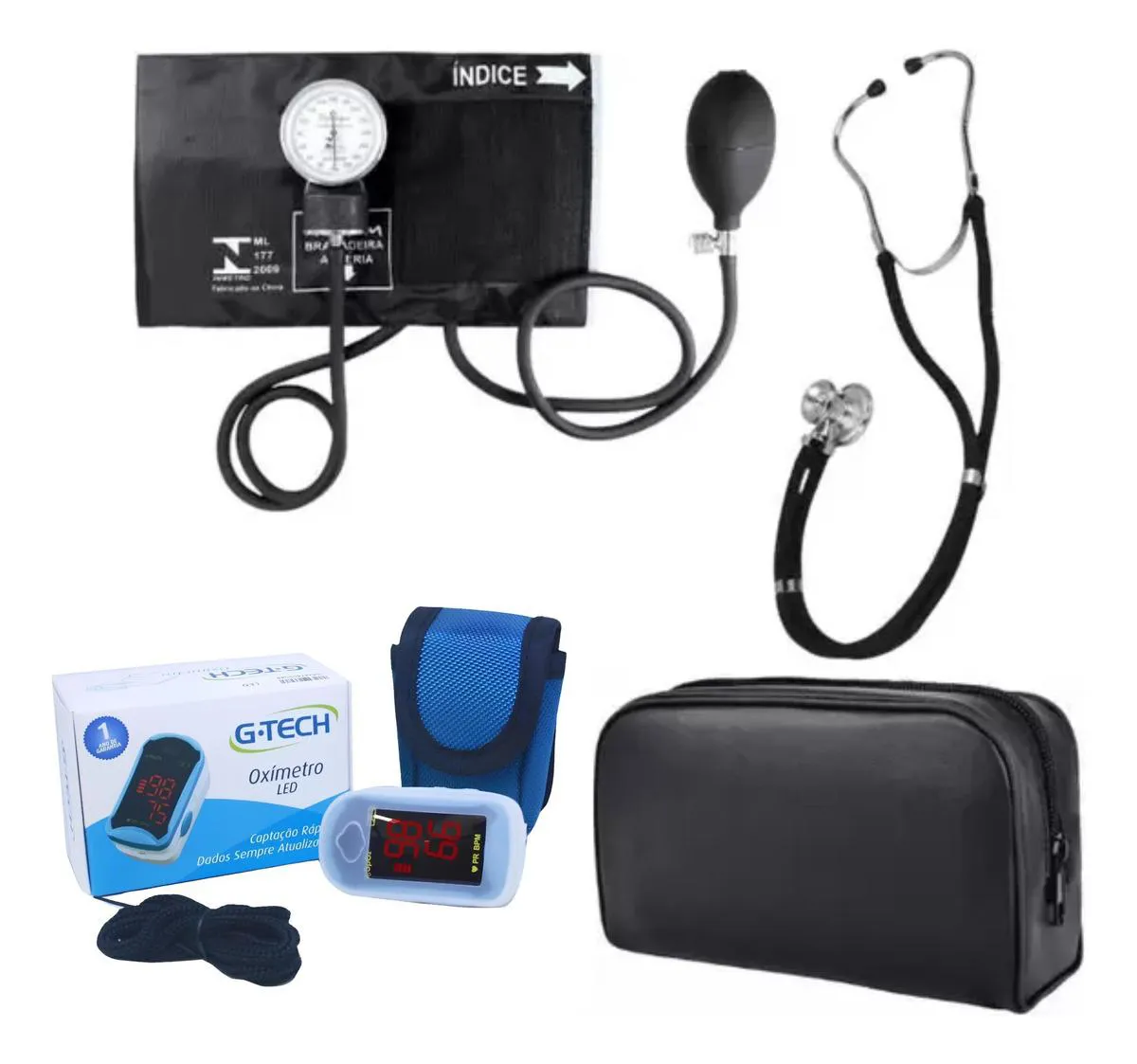 KIT ESFIGMOMANOMETRO + ESTETOSCOPIO DUPLO + OXIMETRO G-TECH Preto