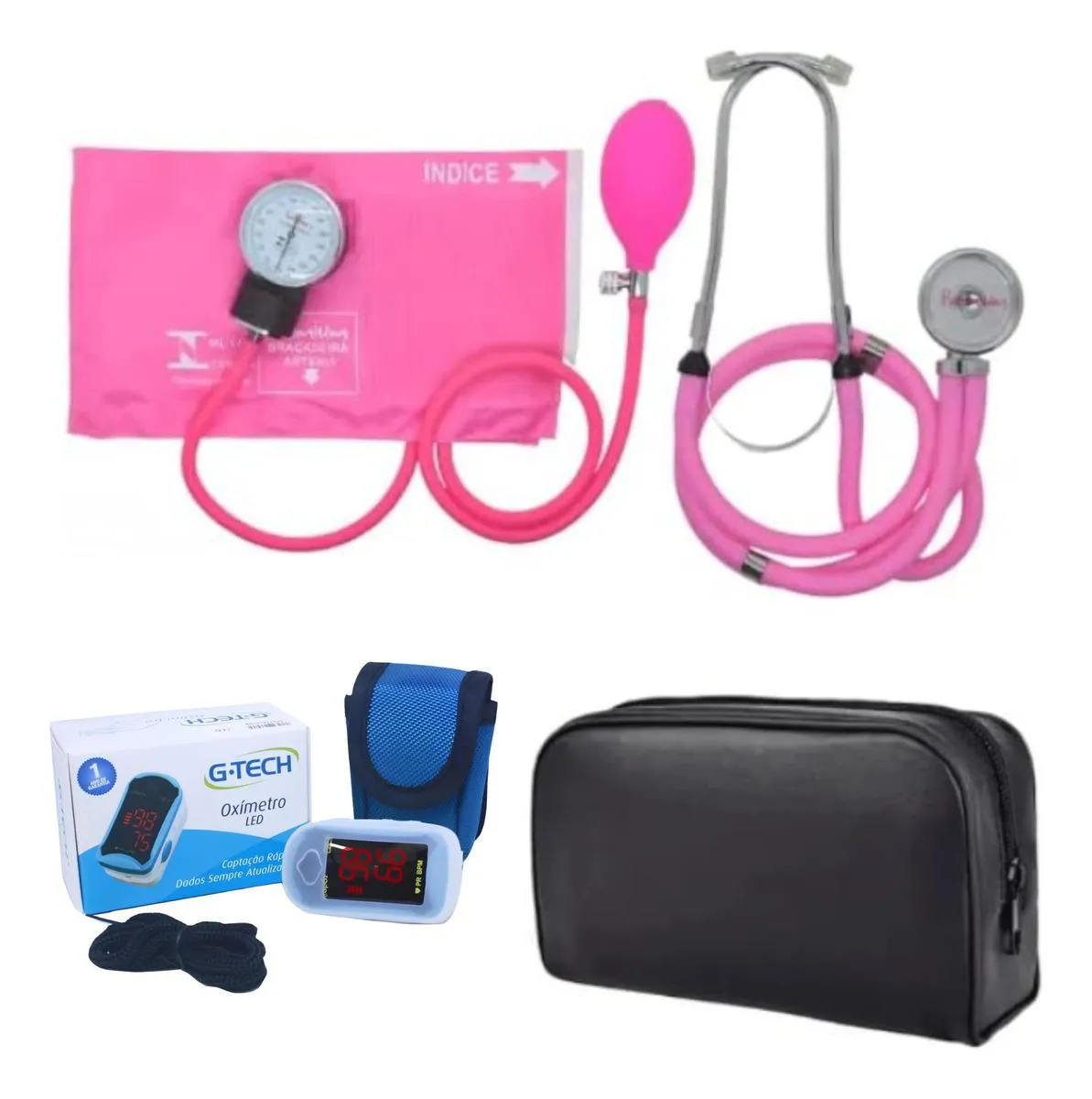 KIT ESFIGMOMANOMETRO + ESTETOSCOPIO DUPLO + OXIMETRO G-TECH Rosa