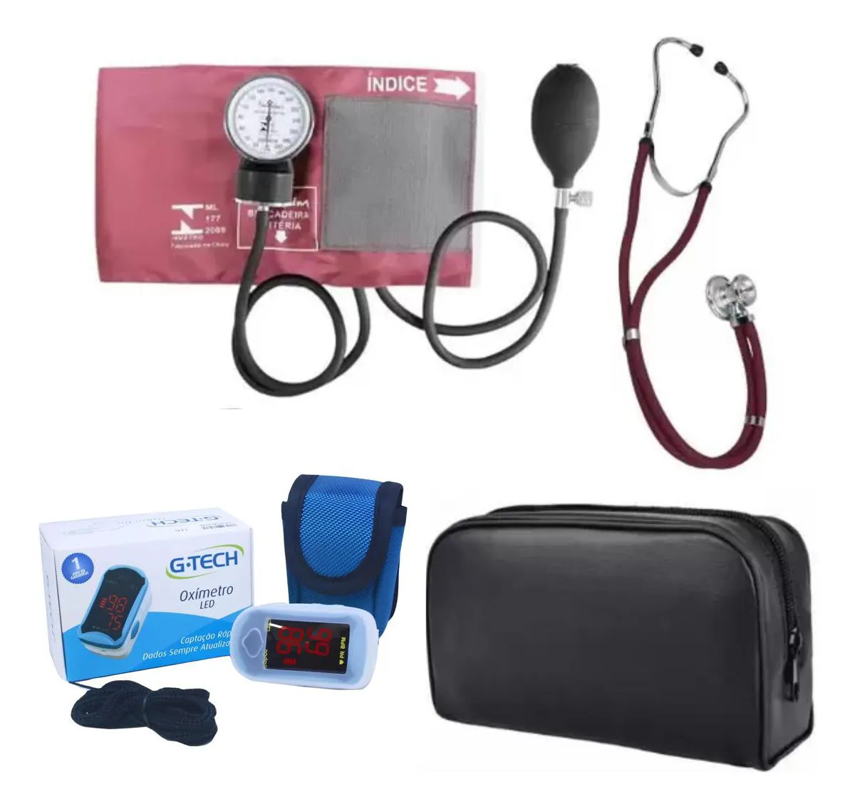 KIT ENFERMAGEM ESFIGMOMANOMETRO ESTETO OXIMETRO G-TECH Vinho