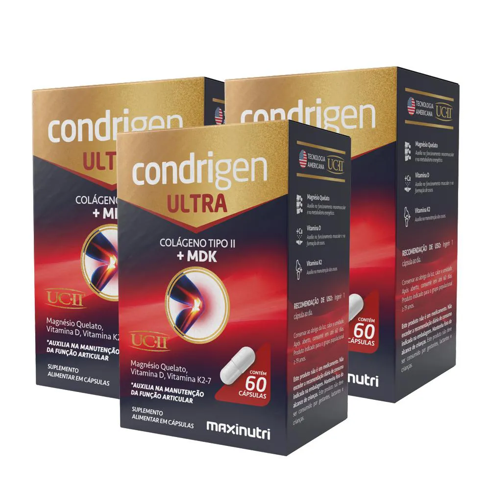 KIT 3 CONDRIGEN ULTRA COLáGENO NãO HIDROLISADO TIPO 2 + MDK 60 CáPS MAXINUTRI