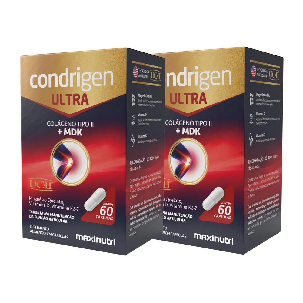 KIT 2 CONDRIGEN ULTRA COLáGENO NãO HIDROLISADO TIPO 2 + MDK 60 CáPS MAXINUTRI