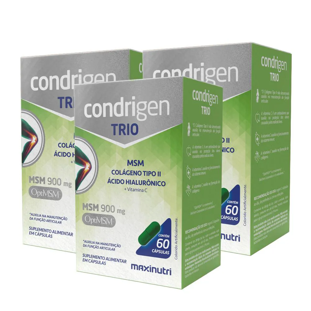 KIT 3 CONDRIGEN TRIO MSM COLáGENO TIPO 2 + ÁCIDO HIALURôNICO 60 CáPS MAXINUTRI