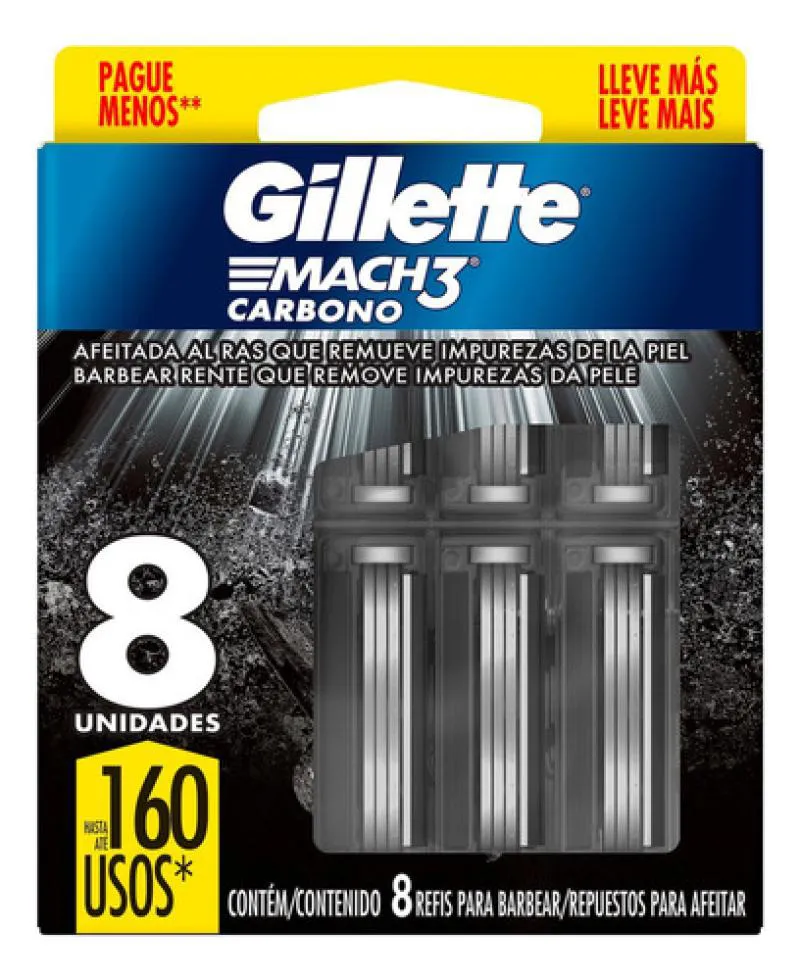 GILLETTE MACH3 CARBONO CARGA PARA APARELHO DE BARBEAR COM CARVãO ATIVADO 8 UNIDADES