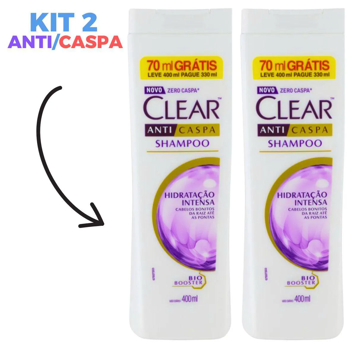 SHAMPOO ANTI CASPA CLEAR HIDRATAçãO INTENSA LEVE 400ML PAGUE 330ML KIT 2
