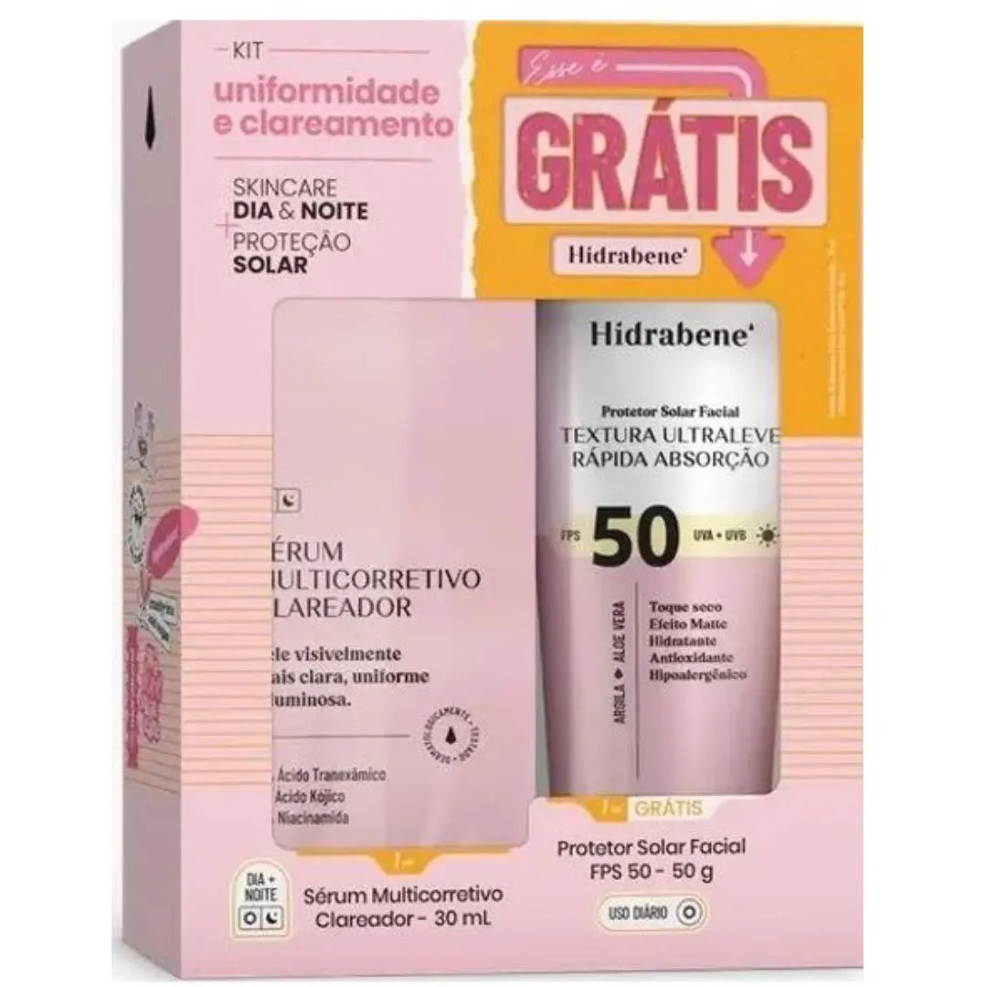 KIT UNIFORMIDADE E CLAREAMENTO HIDRABENE COM 1 SéRUM MULTICORRETIVO CLAREADOR - 30ML + 1 PROTETOR FACIAL FPS 50 - 50G