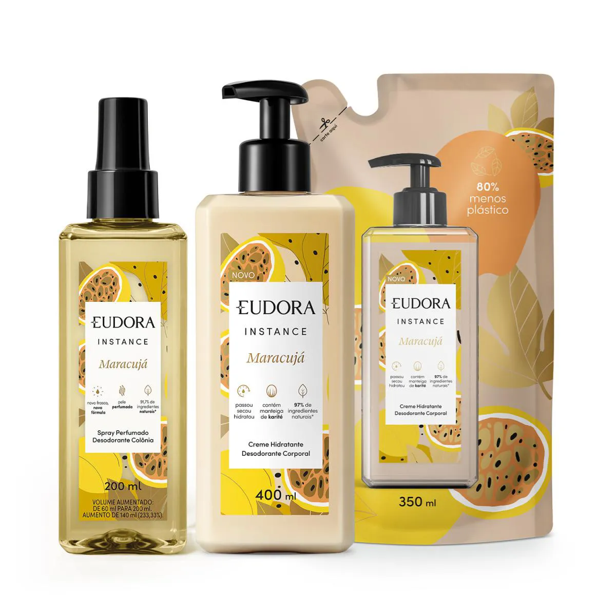 COMBO INSTANCE MARACUJá: SPRAY CORPORAL 200ML + LOçãO HIDRATANTE DESODORANTE 400ML + REFIL LOçãO HIDRATANTE 350ML