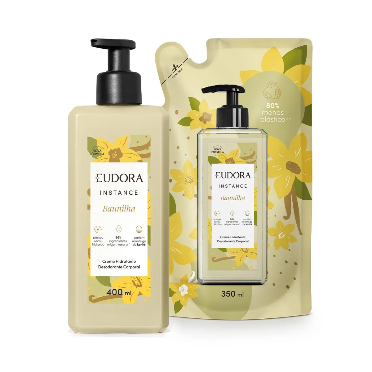 COMBO INSTANCE BAUNILHA: CREME HIDRATANTE DESODORANTE CORPORAL 400ML + REFIL CREME HIDRATANTE DESODORANTE CORPORAL 350ML