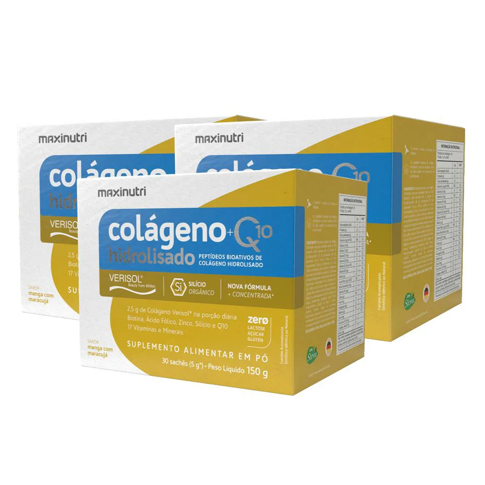 KIT 3 COLáGENO VERISOL SACHêS MANGA/MARACUJá + Q10 MAXINUTRI