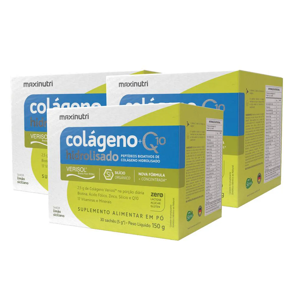 KIT 3 COLáGENO VERISOL SACHêS LIMãO SICILIANO 30X5G + Q10 MAXINUTRI