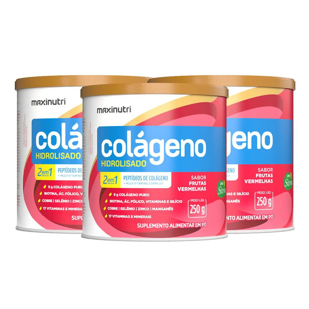 KIT 3 COLáGENO HIDROLISADO FRUTAS VERMELHAS LATA 250G MAXINUTRI