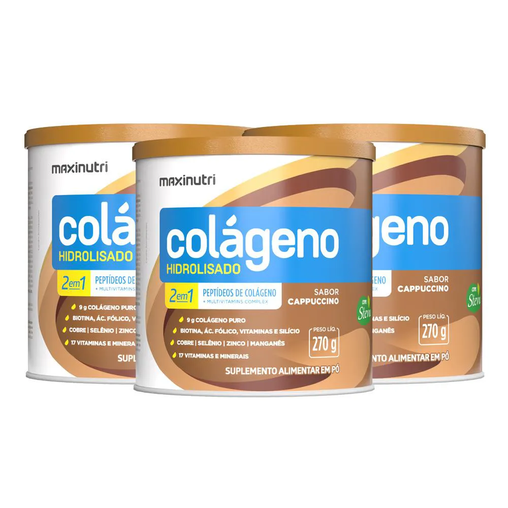 KIT 03 COLáGENO HIDROLISADO CAPPUCCINO LATA 250G MAXINUTRI