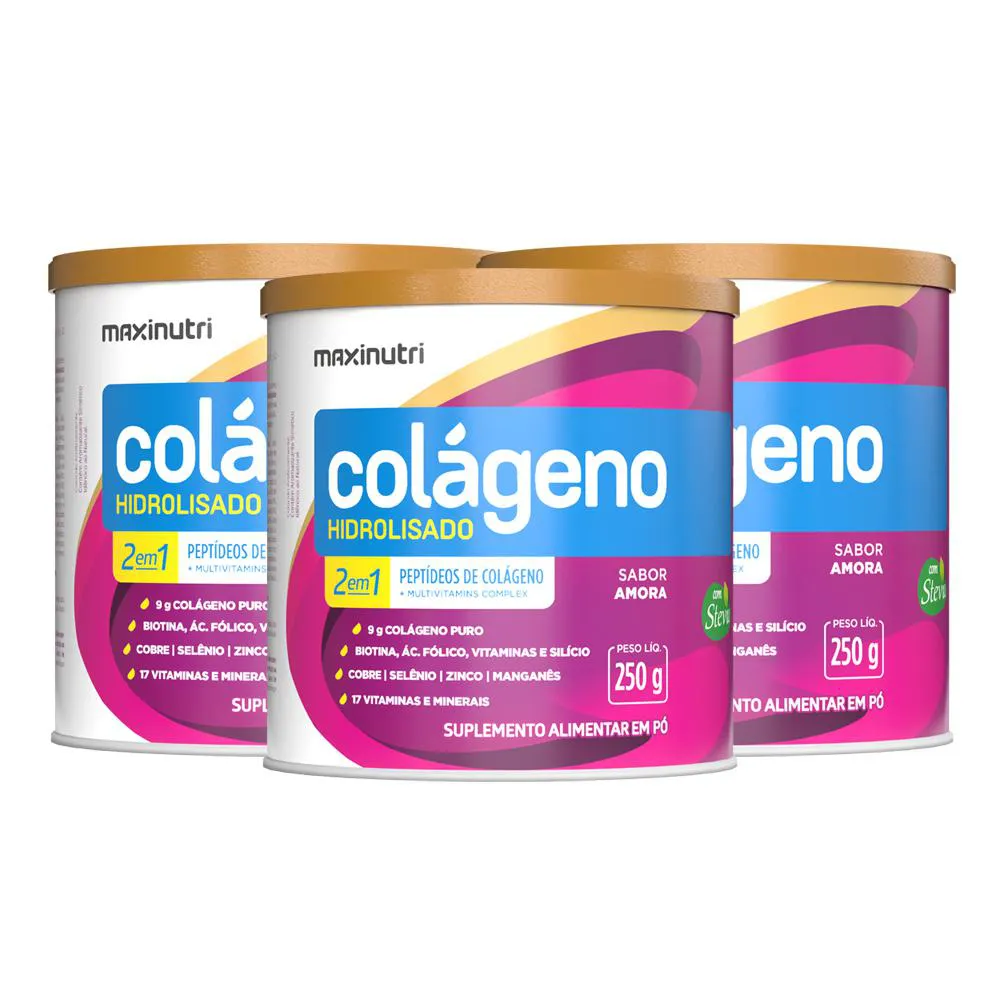 KIT 3 COLáGENO HIDROLISADO SABOR AMORA LATA 250G MAXINUTRI