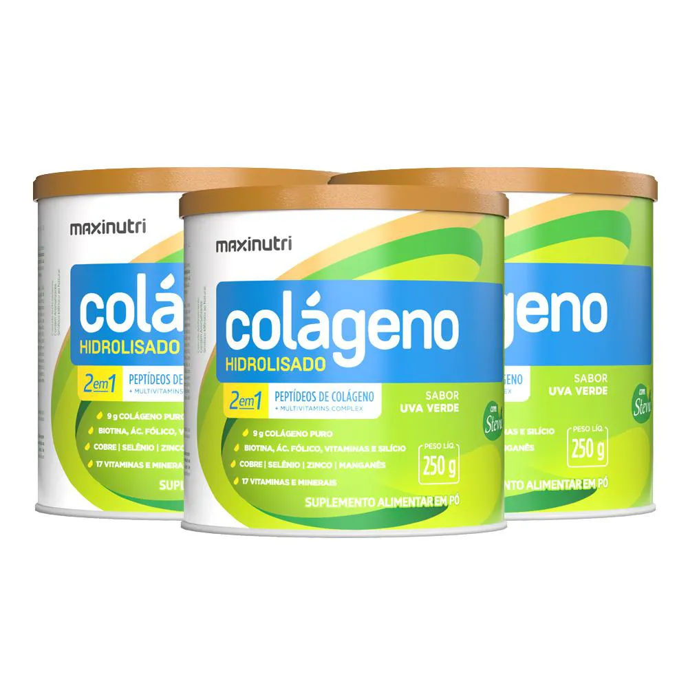 KIT 3 COLáGENO HIDROLISADO UVA VERDE LATA 250G MAXINUTRI