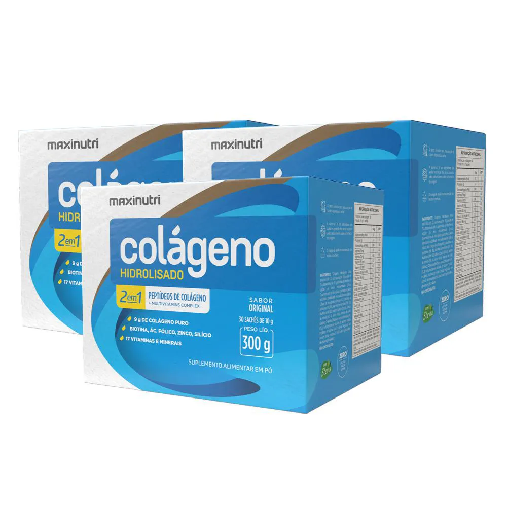 KIT 3 COLáGENO HIDROLISADO 30 SACHES SABOR ORIGINAL MAXINUTRI