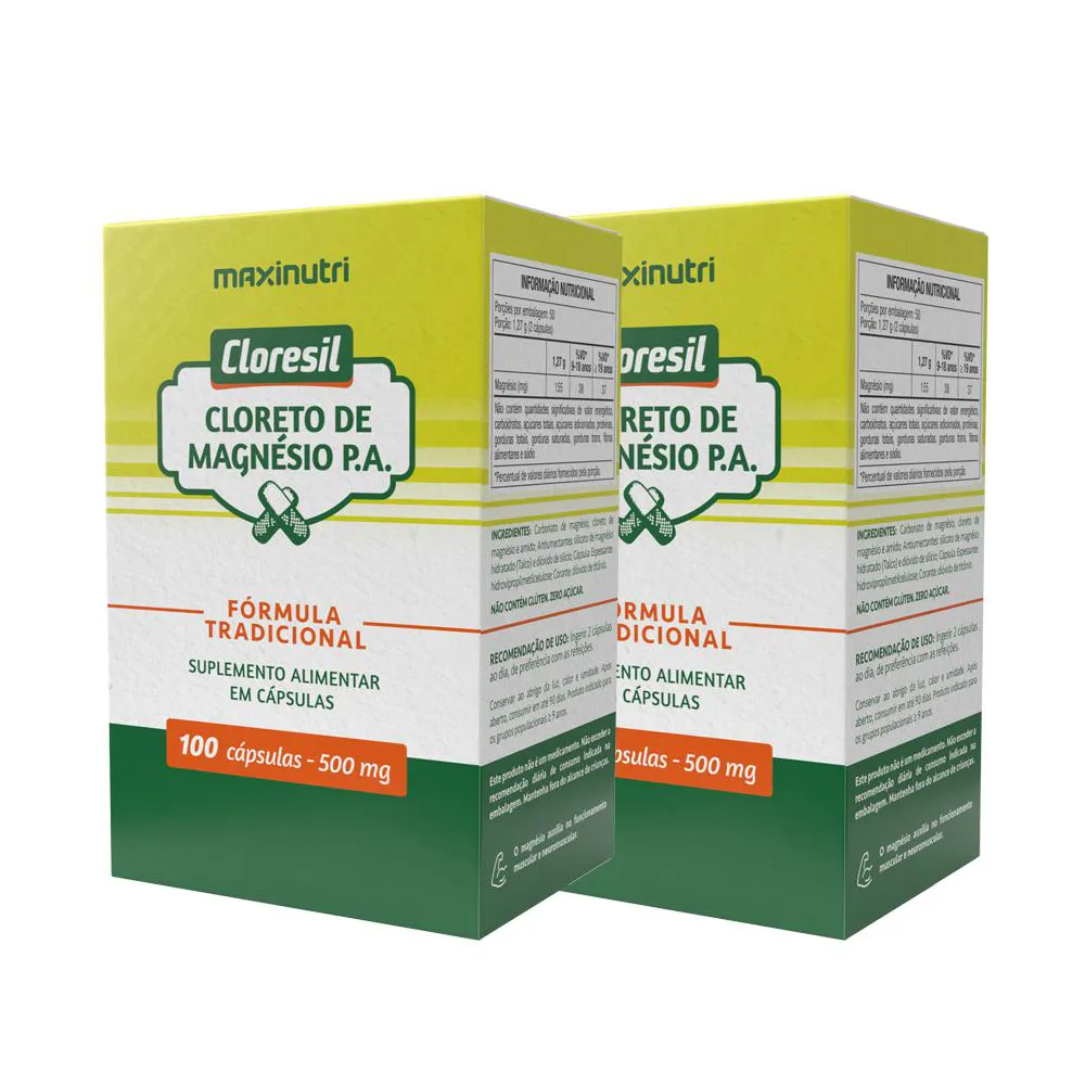 KIT 2 CLORESIL CLORETO MAGNéSIO 500MG 100 CáPSULAS MAXINUTRI