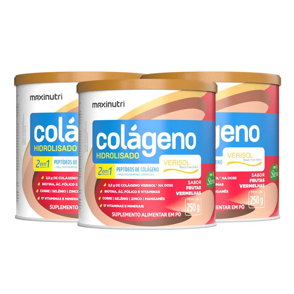 KIT 3 COLáGENO VERISOL FRUTAS VERMELHAS LATA 250G MAXINUTRI