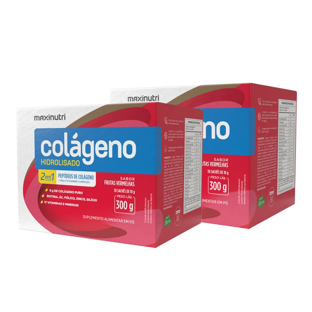 KIT 2 COLáGENO HIDROLISADO SACHES FRUTAS VERMELHAS MAXINUTRI