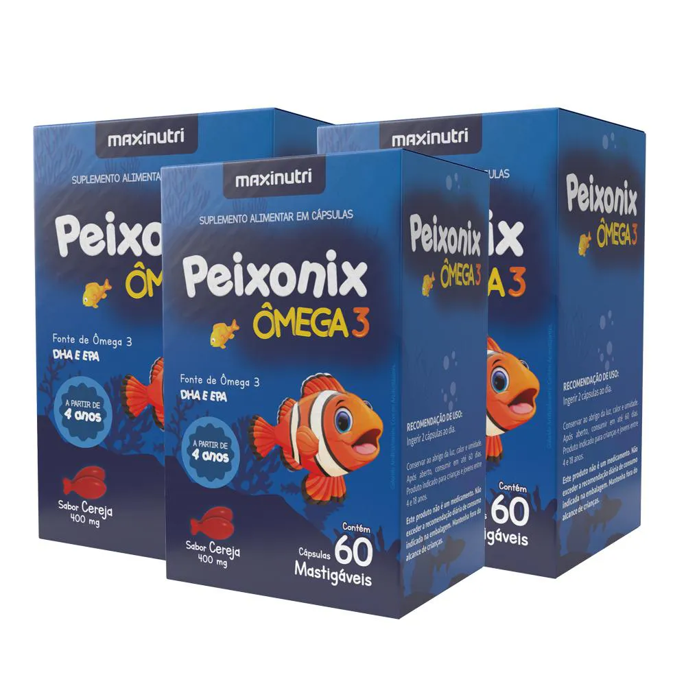 KIT 3 PEIXONIX ÔMEGA 3 MASTIGáVEL CEREJA 60 CAPS MAXINUTRI