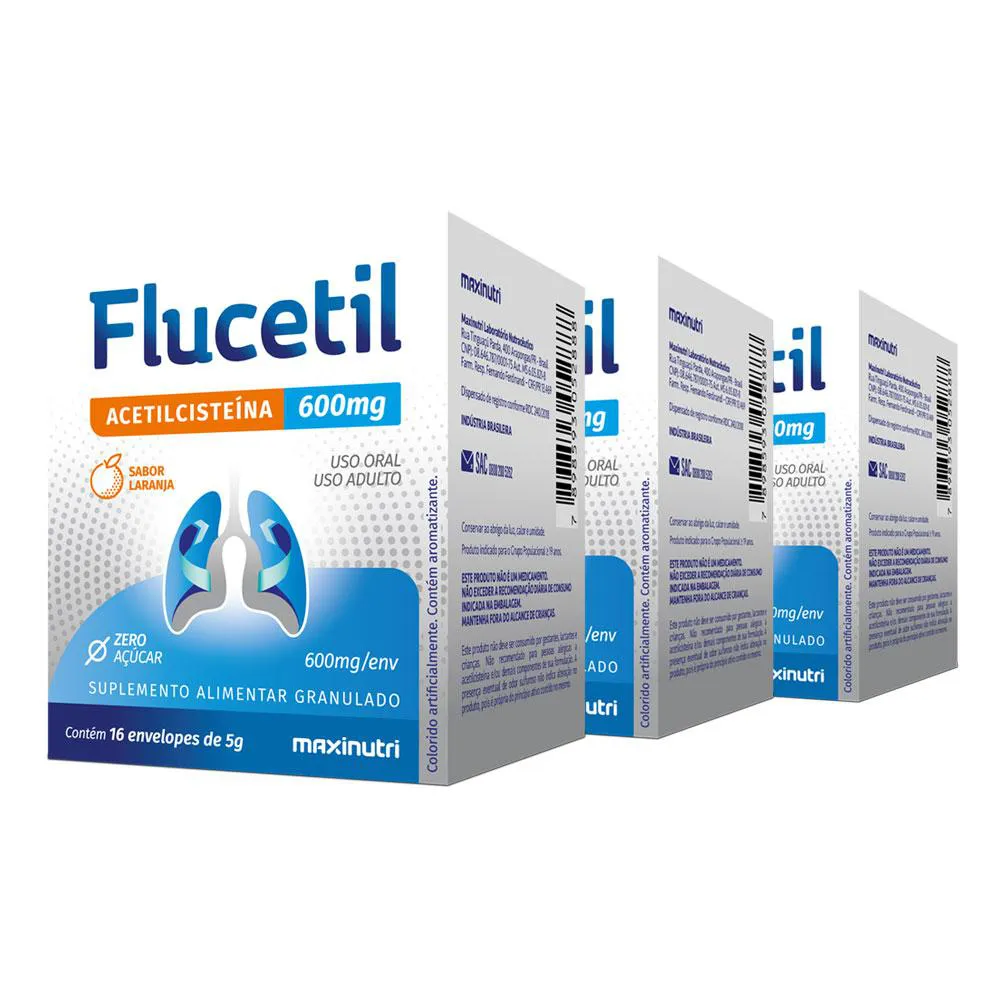 KIT 3 FLUCETIL ACETILCISTEíNA SACHê GRANULADO 16X5G SABOR LARANJA MAXINUTRI