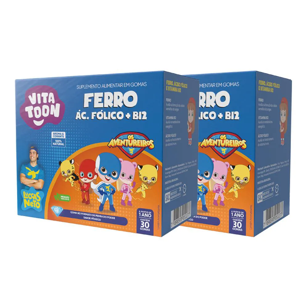 KIT 02 VITATOON LUCCAS NETO VITAMINA FERRO PêSSEGO 30 GOMAS MAXINUTRI