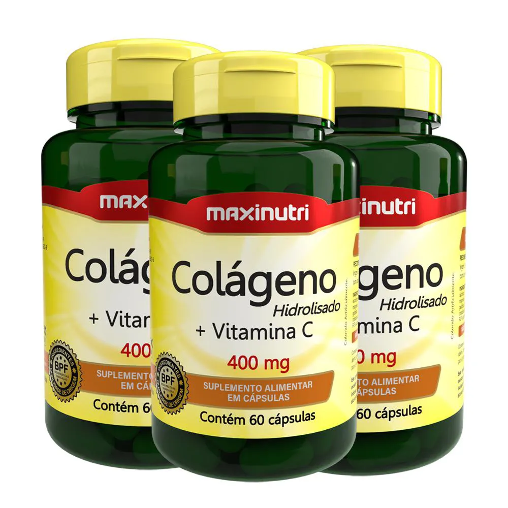 KIT 03 COLáGENO HIDROLISADO + VITAMINA C 60 CáPS MAXINUTRI