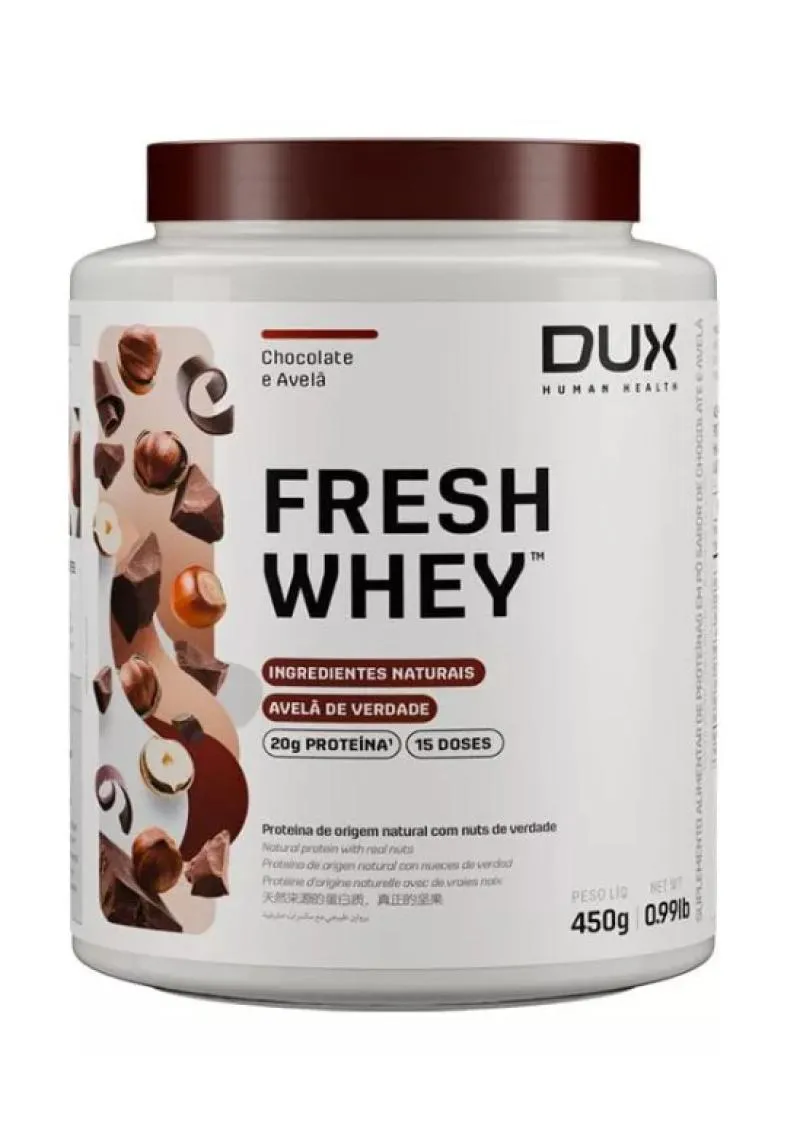 FRESH WHEY - 450G - DUX NUTRITION - SABOR CHOCOLATE E AVELã