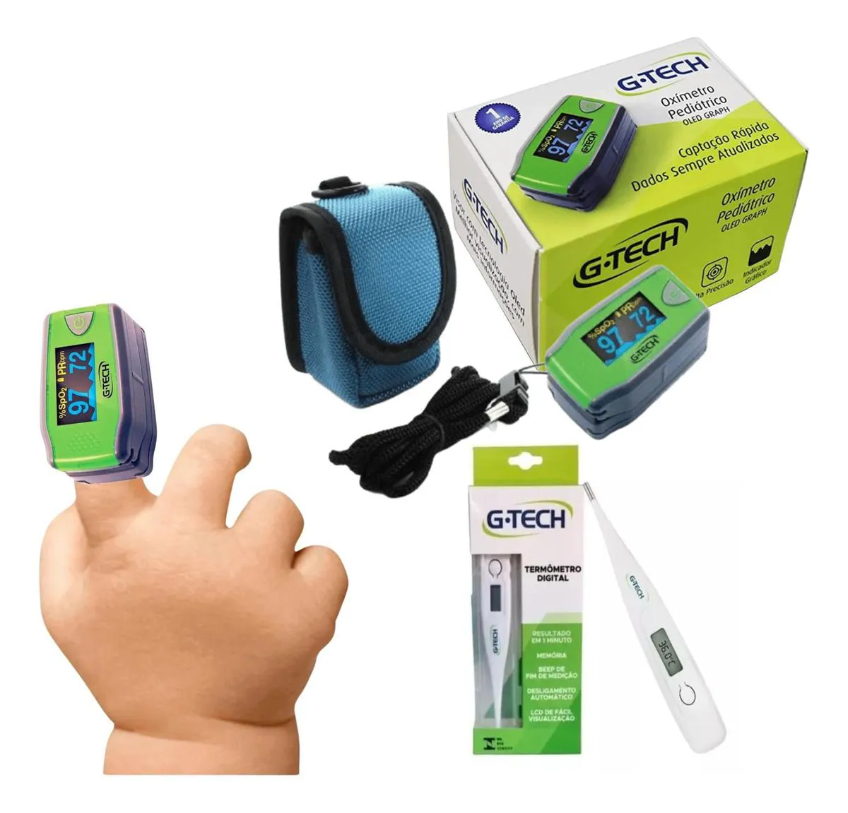 KIT OXíMETRO INFANTIL 0 A 12 ANOS + TERMôMETRO AXILAR G-TECH